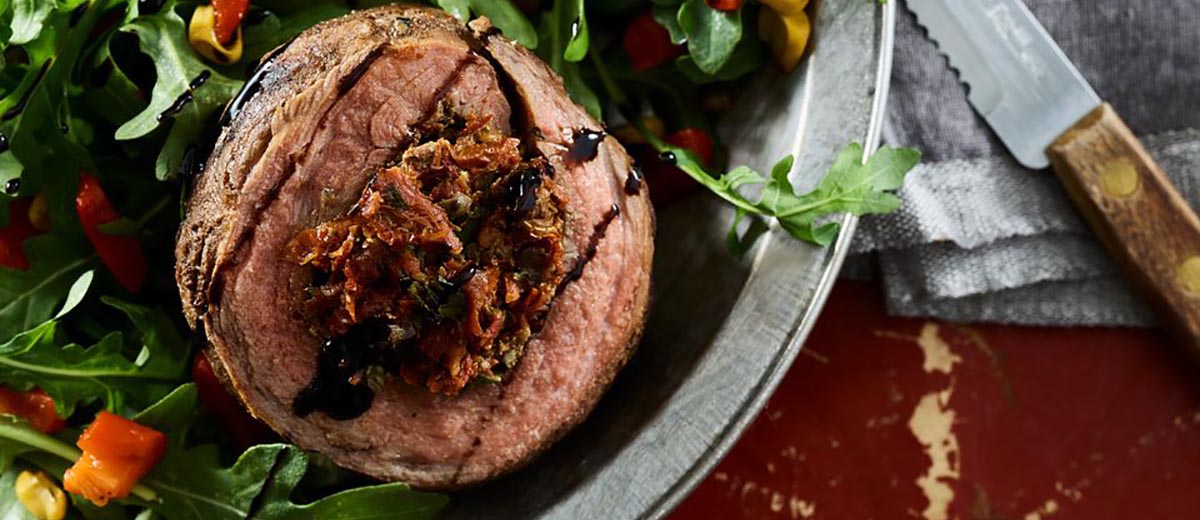 Grilled Beef Flank Pinwheels on Rocket Salad