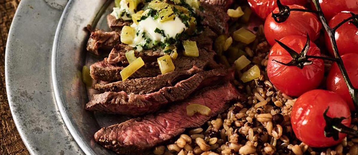 Pepper Beef Steaks with Chile-Cilantro Butter