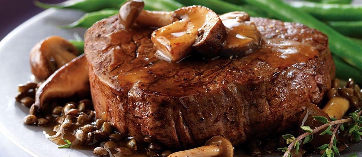 Beef Tenderloin Steaks with Mushroom Sauce and Lentils